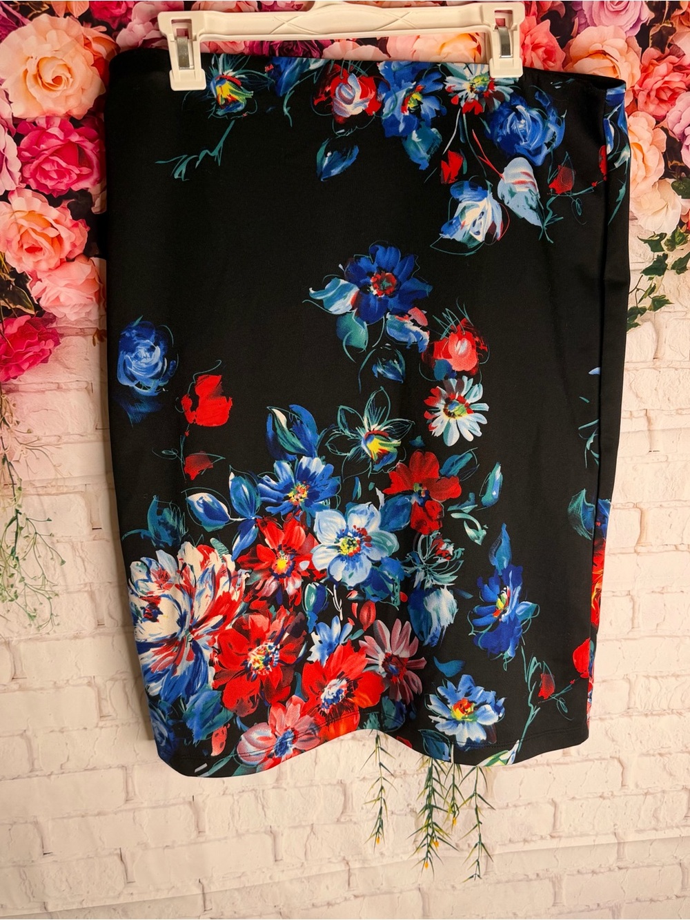 Betsey Johnson Black Pencil Skirt with Blue & Red Floral Print